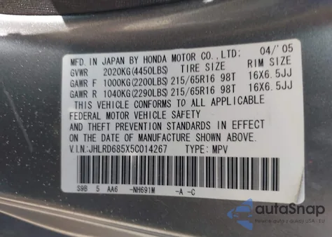 2005 Honda Cr-V Lx z USA, uszkodzony, nr VIN JHLRD685X5C014267